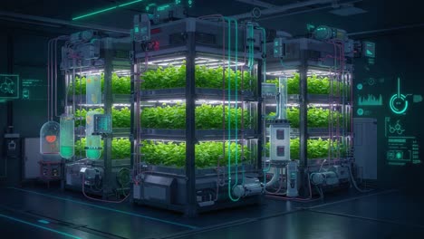 futuristic hydroponic farming system with advanced technology enabling optimal plant growth in a controlled environment with bright green vegetation