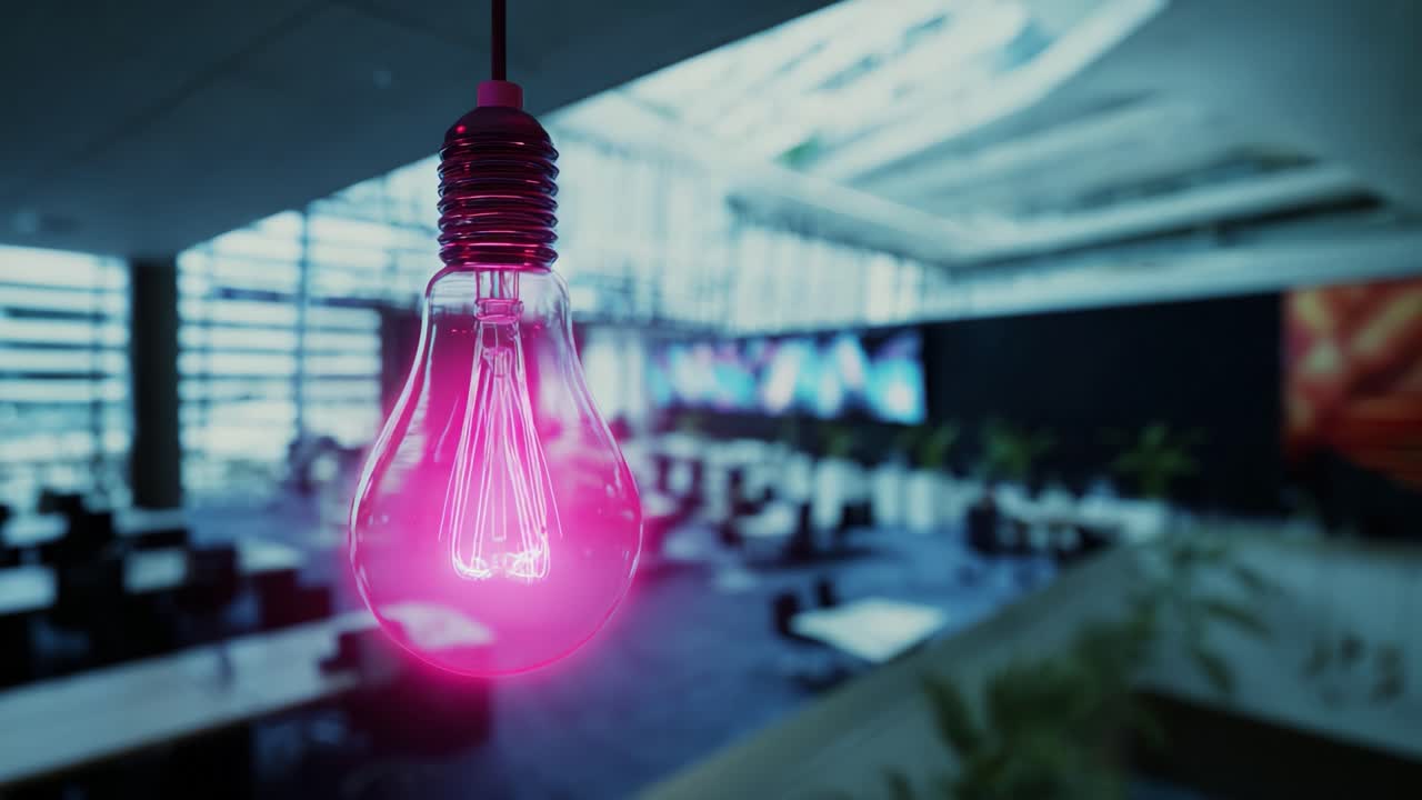 Bright pink edison light bulb hanging as a decorative element in a modern, blurred office space, representing creativity, innovation, and bright ideas in a corporate business environment