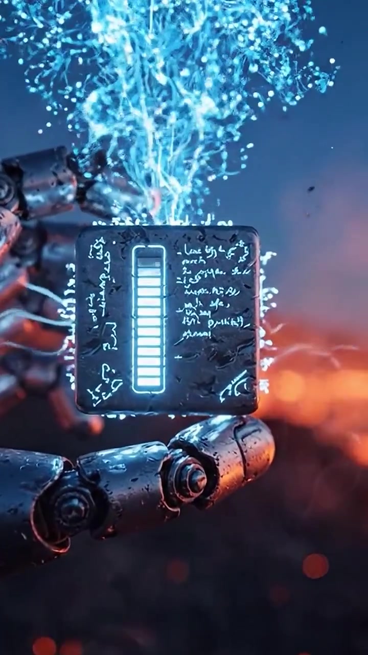 A remarkable robotic hand holds a glowing device while surrounded by sparkling molten lava, showcasing the intersection of technology and nature in spectacular detail