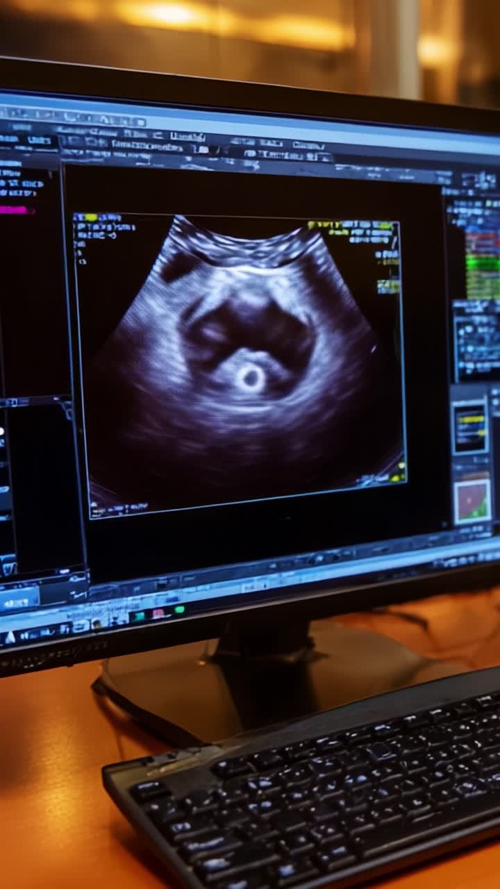 Ecografia dettagliata visualizzata sullo schermo di un computer, che mostra lo sviluppo fetale e i dati diagnostici per esami medici in un contesto sanitario moderno