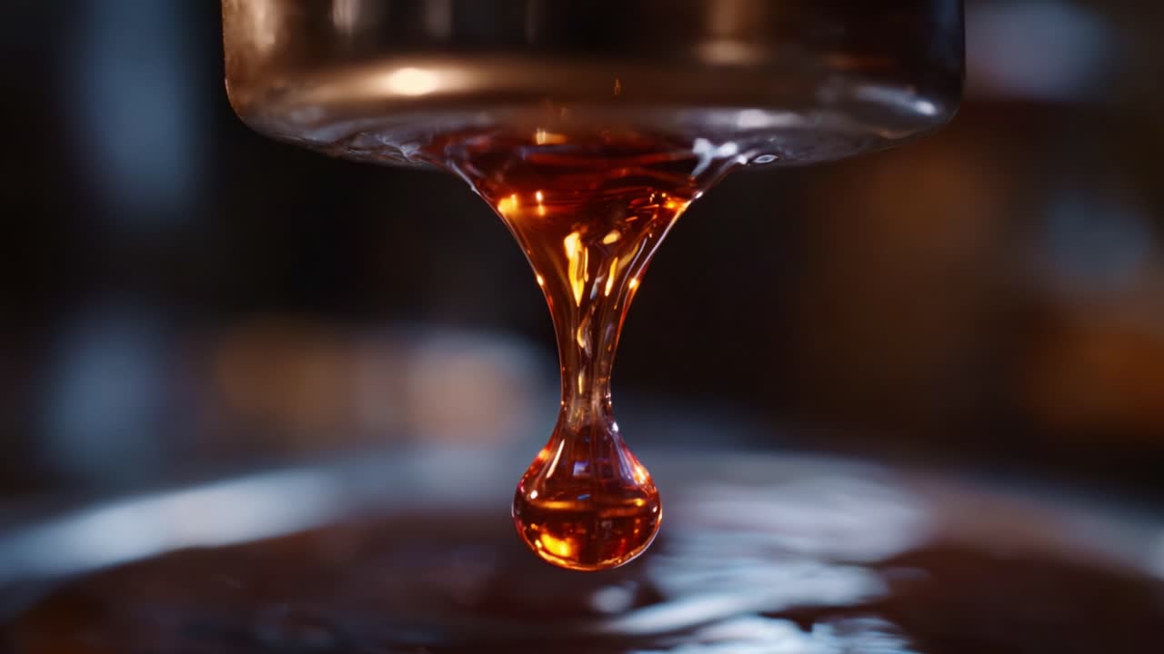 Immagine accattivante di miele che cola da un contenitore, che mostra la texture viscosa e il colore intenso di questa dolce sostanza naturale messa a fuoco