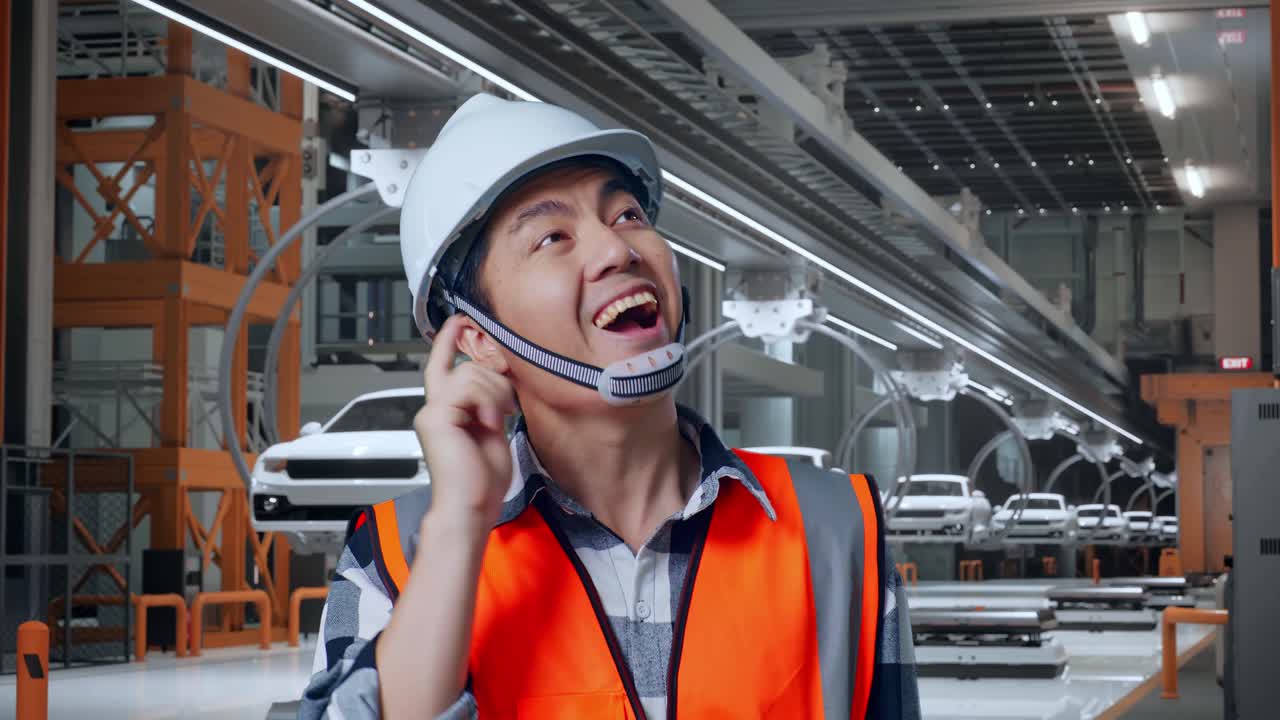 안전 헬을 입은 아시아 남성 엔지니어가 생각하고 주위를 둘러보며 ev 자동차 공장에서 서있는 동안 지표손가락을 올리고 있습니다.