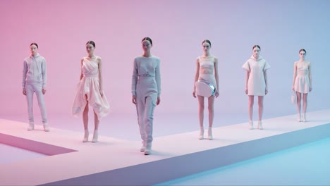 a striking showcase of futuristic fashion: elegant models displaying innovative designs on a modern runway with a stunning color palette of pink and blue
