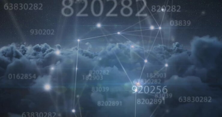 Animation of numbers and computer code processing over cloudy sky