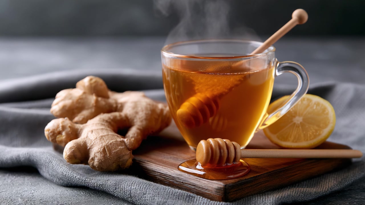 Tè caldo zenzero e limone con miele: Una delizia accogliente per comfort e benessere, infuso di sapore e bontà naturale, perfetto per il relax e il ringiovanimento