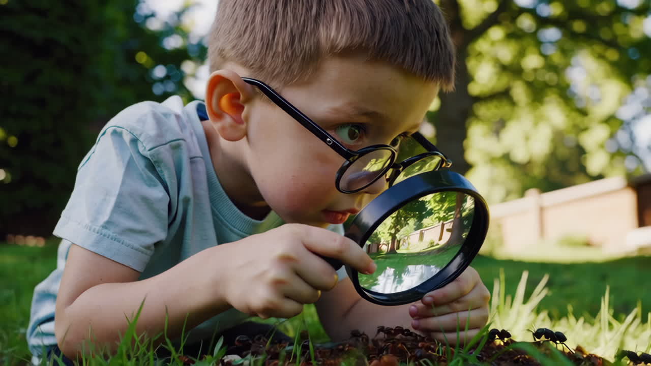 A Boy Exploring Ants with a Magnifying Glass