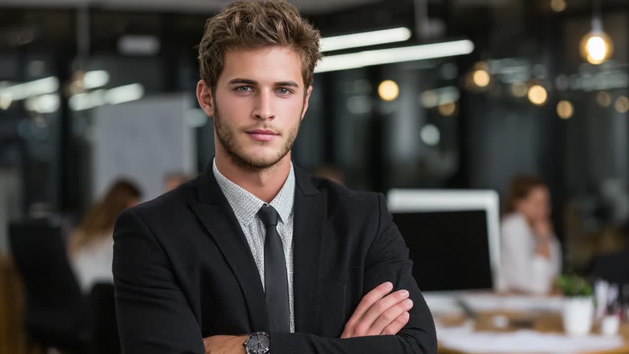 Confident Young Professional in Business Attire Posing for a Portrait in a Modern Office Environment, Showcasing Poise and Style