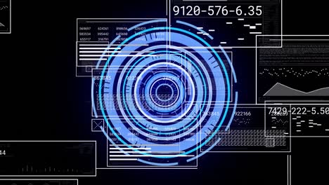 animación de las interfaces con el procesamiento de datos contra el escáner redondo de neón sobre fondo negro