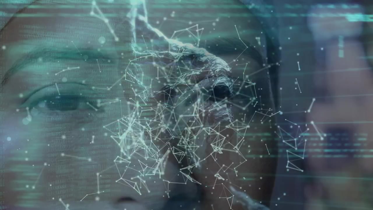 Animação de cadeia de DNA girando e rede de conexões sobre mulheres