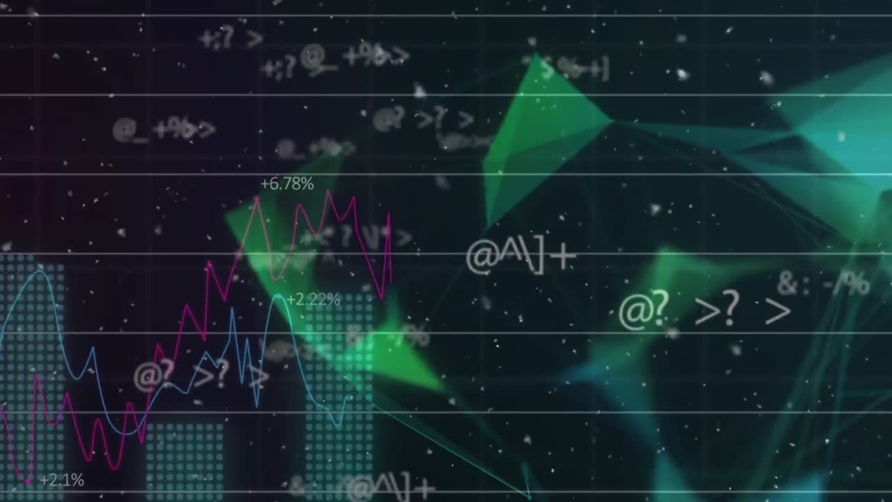 animación del procesamiento de datos y diagrama sobre formas sobre fondo negro