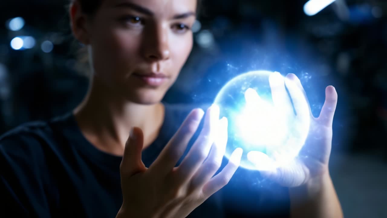 A Woman Manipulates Mystical Energy as She Creates a Glowing Sphere in Her Hands, Demonstrating Power, Concentration, and Mystical Abilities in a Dark, Ambient Environment Filled with Light