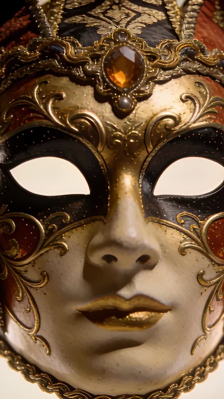 Video verticale: Vista panoramica più ravvicinata, la luce cattura una gemma ambrata e mostra la doratura della maschera in studio.