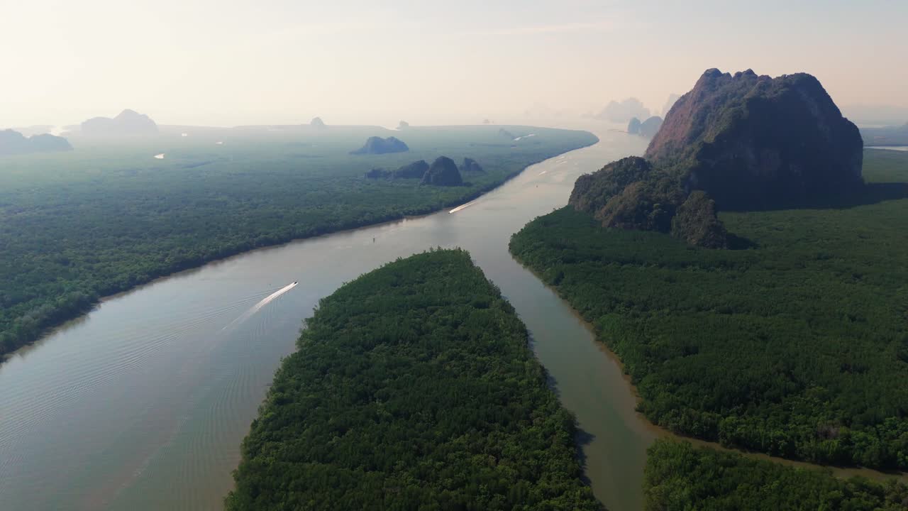 Aerial Ao Phang Nga National Park, Southern Thailand scenic destination near Phuket for island excursion at sunset