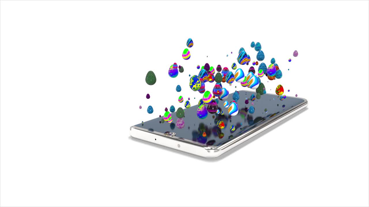 Molte piccole uova di Pasqua colorate sono emerse dallo schermo del telefono