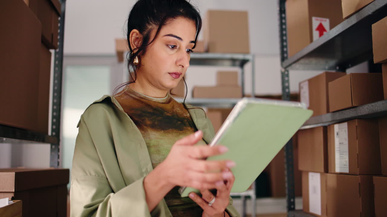 Mujer joven verificando inventario en una tableta en un almacén