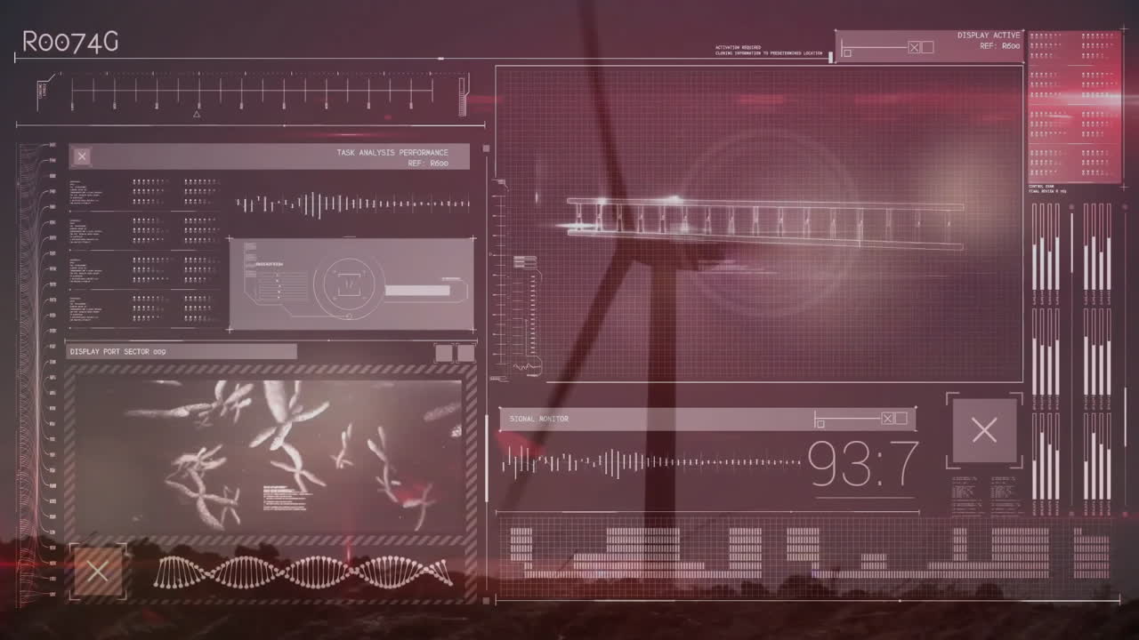 Wind turbine silhouette standing center showing futuristic UI panels animating data in flat design