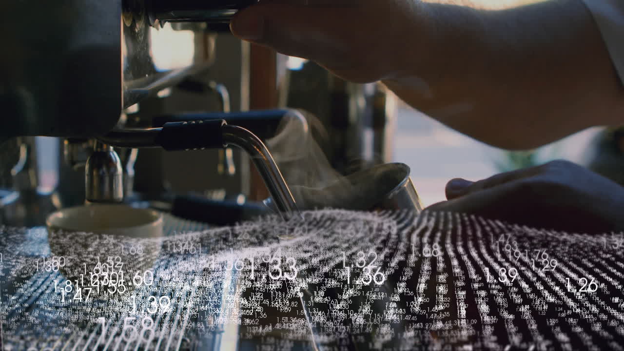 Barista hand adjusting steam wand in coffee shop, with floating data analytics overlay