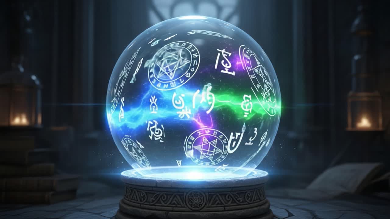 A Mystical Crystal Ball Illuminated with Arcane Symbols and Energies, Capturing the Essence of Magical Rituals in a Dimly Lit Enchanted Space