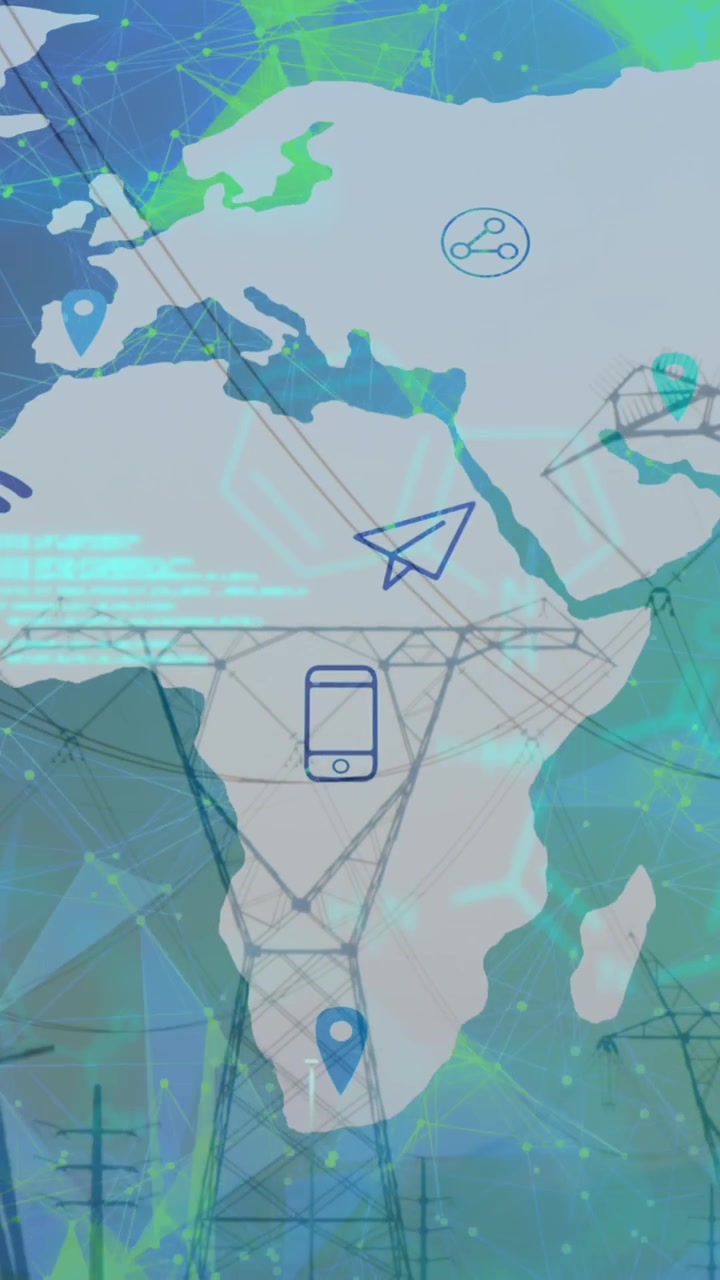 Animation of data processing over pylons and world map