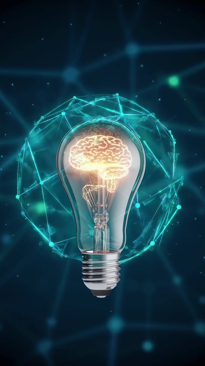 Glowing Brain Inside Light Bulb with Digital Network Connections