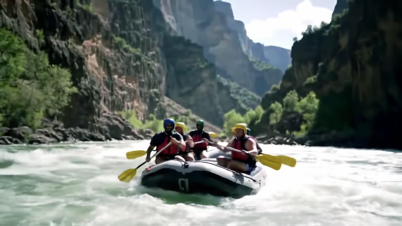 Group of Adventurers Enjoying an Exciting Whitewater Rafting Experience in a Stunning Mountainous Landscape Surrounded by Lush Greenery and Dramatic Rock Formations