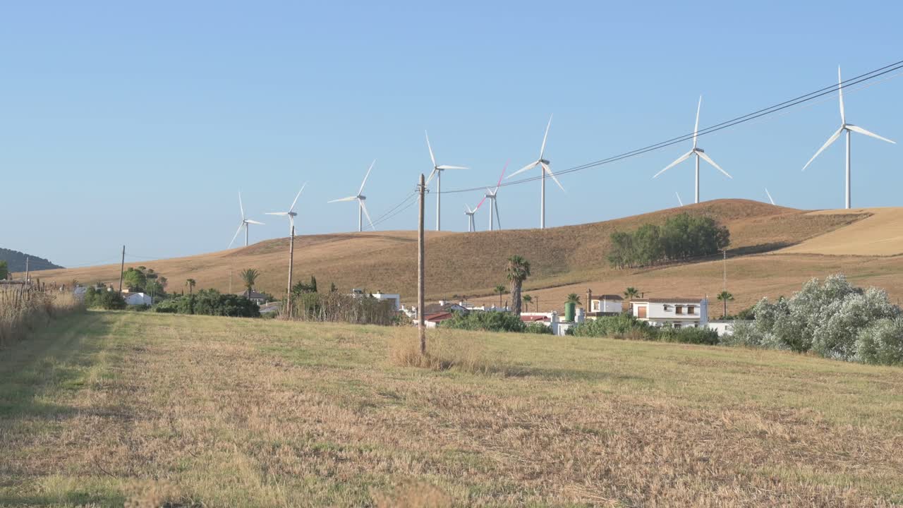 A field with a bunch of wind turbines in the background. The wind turbines are tall and spread out across the field. The sky is clear and blue, and the sun is shining brightly