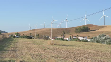 a field with a bunch of wind turbines in the background. the wind turbines are tall and spread out across the field. the sky is clear and blue, and the sun is shining brightly