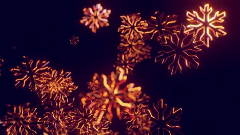 3d fondo de navidad dorado con bokeh y profundidad de campo de juguetes brillantes copos de nieve colgando en el aire hermosamente brillantes lentamente balanceándose y brillando en la luz. hermoso 3d para el año nuevo en 4k