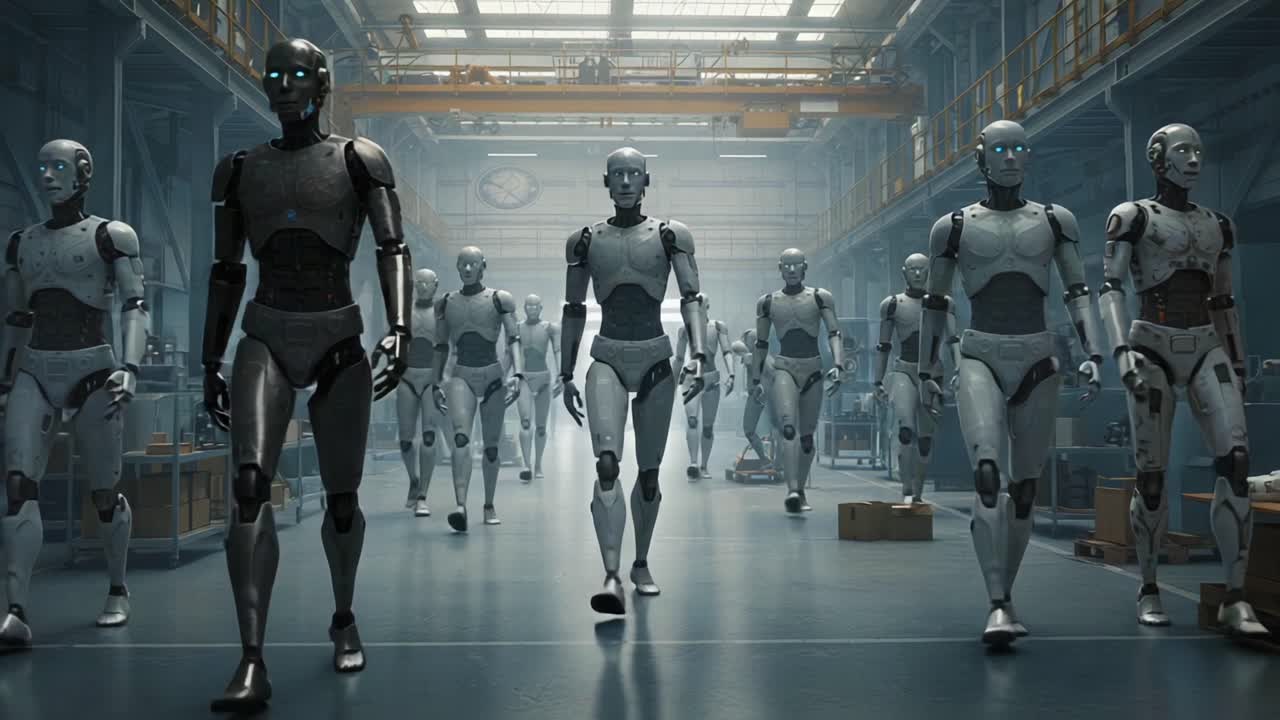 A Futuristic Assembly Line of Advanced Humanoid Robots Walking in Unison, Showcasing Technological Innovation in Automation and Robotics from a Manufacturing Perspective
