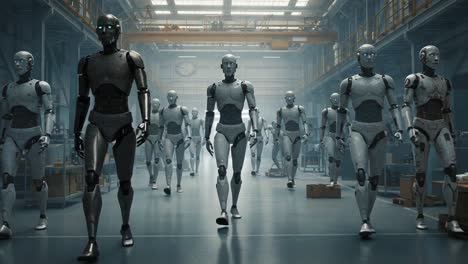 a futuristic assembly line of advanced humanoid robots walking in unison, showcasing technological innovation in automation and robotics from a manufacturing perspective