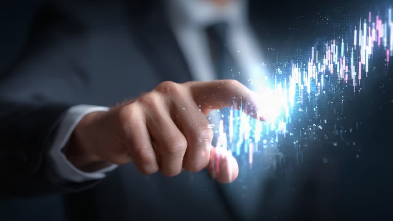 A businessman interacts with a digital financial chart, visualizing market trends and data analytics, showcasing technology's role in modern finance and investment strategies