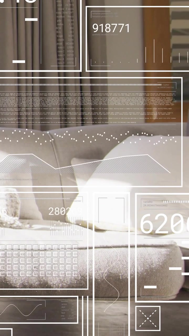 Vertical video: HUD showing and scanning numbers while camera sliding right showing sofa details