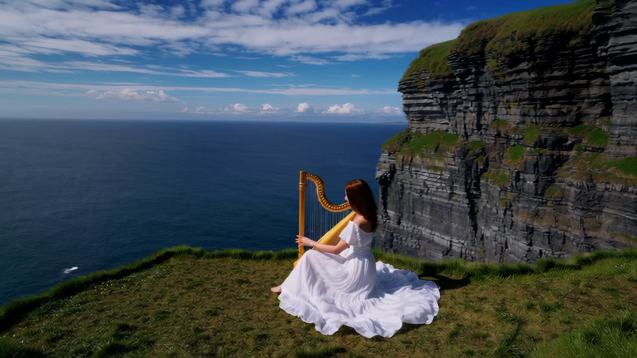 Woman playing harp on a grassy cliff overlooking the ocean