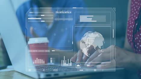 animation of processing data interface over diverse colleagues at laptop in office