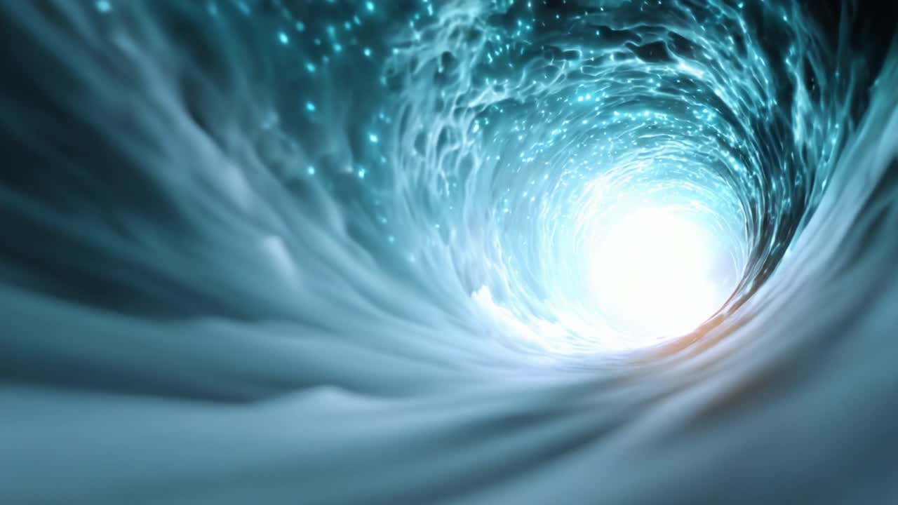 A captivating swirling vortex of light and stars, enveloped by clouds and darkness, creating a mesmerizing tunnel effect that draws the eye inward and sparks imagination