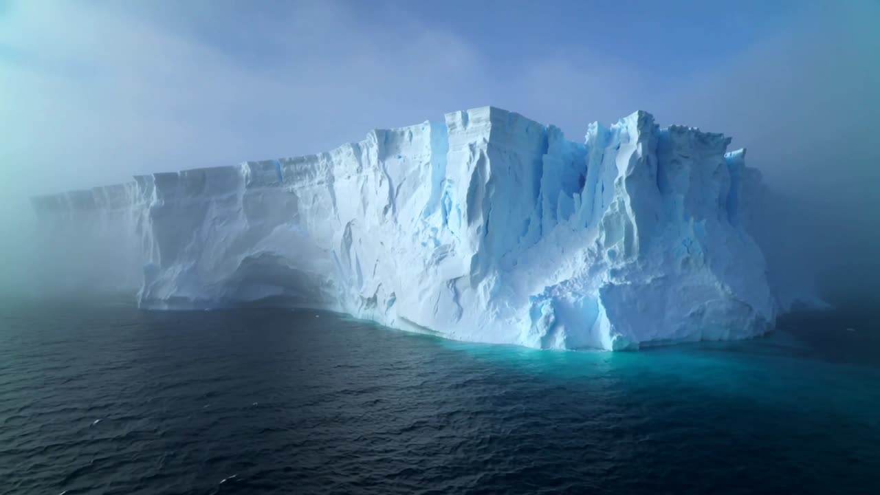 Kamera nähert sich Eisberg im Polarmeer, zeigt Bogen, Gletscherspalten und türkisfarbenes Schmelzwasser zu Bildungszwecken.