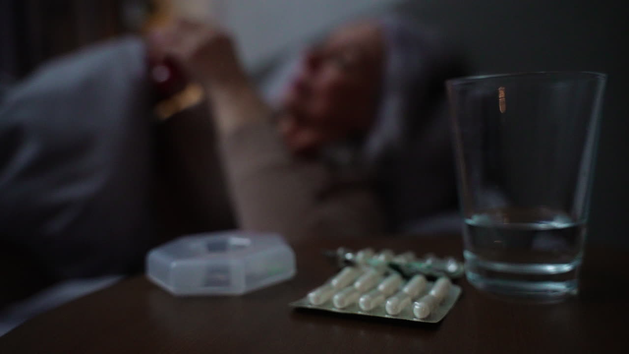 집에서 침대에 누워 있는 여자