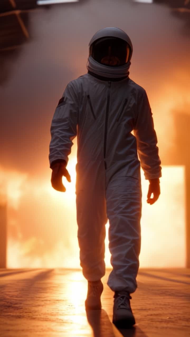 Un astronauta avanza con sicurezza verso uno sfondo infuocato e fiammeggiante, incarnando lo spirito di esplorazione e avventura in un'ambientazione futuristica e drammatica
