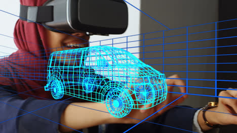 Animation-of-digital-3d-drawing-of-car-over-woman-using-vr-headset