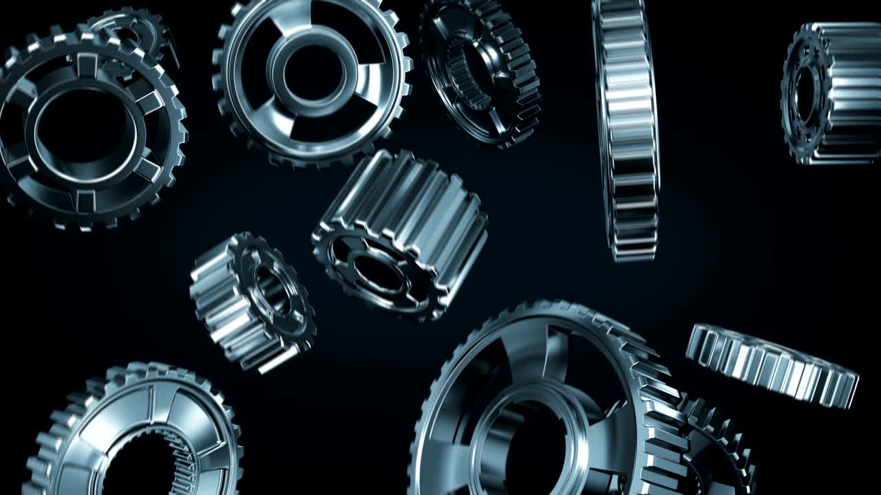 girando engranajes metálicos cayendo sin costuras en fondo negro. hermosa pantalla verde de animación 3d en bucle. proceso de trabajo abstracto. trabajo en equipo concepto de negocio y tecnología.