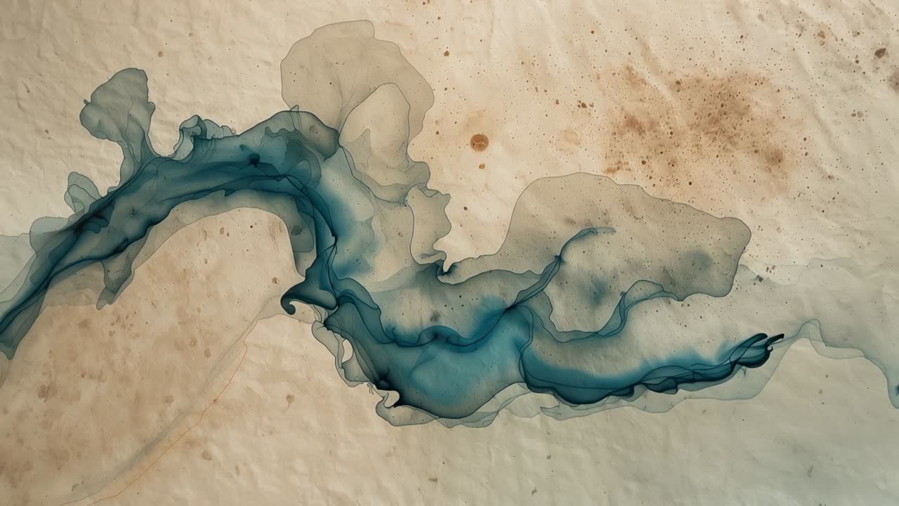 Flowing blue stain contacting, spreading right on paper on table, darkening central vein, settling