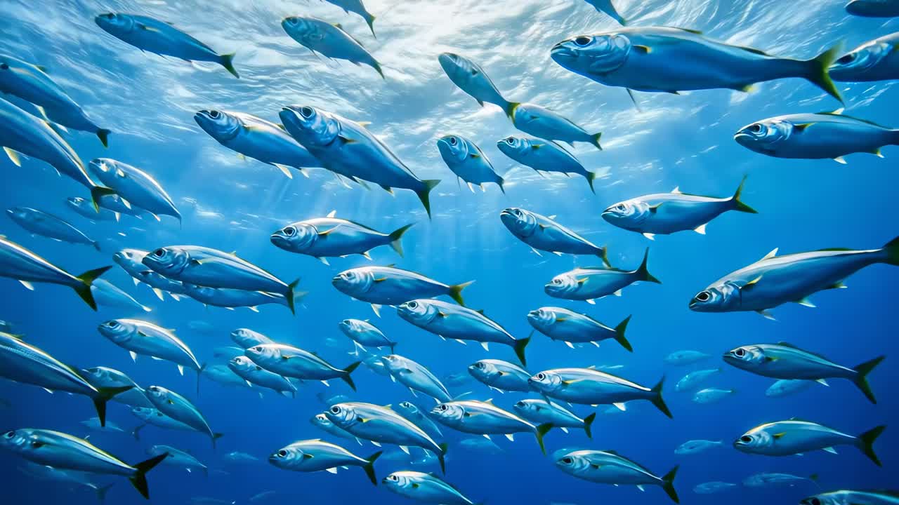 Underwater video scene of a fish school swimming in clear blue water