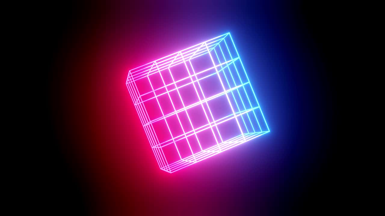 회전하는 네온 큐브: 네온 빛과 함께 4k 루프 애니메이션 배경, 밝은 그라디언트 파란색, 빨간색, 마젠타, 3d 빛나는 프레임 그림은 어두운 사이클에서 부드럽게 회전합니다.