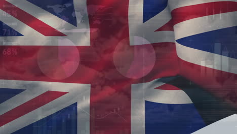 animación del procesamiento de datos estadísticos contra el fondo de la bandera del reino unido
