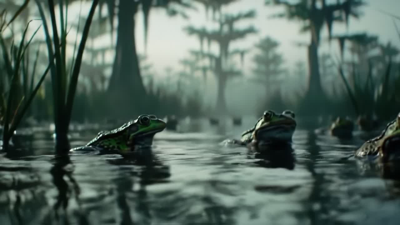 Captivating Moment in Nature: A Peaceful Scene of Frogs in a Misty Wetland, Showcasing Their Green Colors and Surroundings in the Early Morning Light