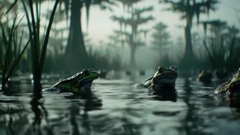 captivating moment in nature: a peaceful scene of frogs in a misty wetland, showcasing their green colors and surroundings in the early morning light