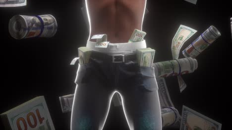 money pockets, animation of person having pockets full of money with stacks of notes falling down over black background, hip-hop and rap video concept.