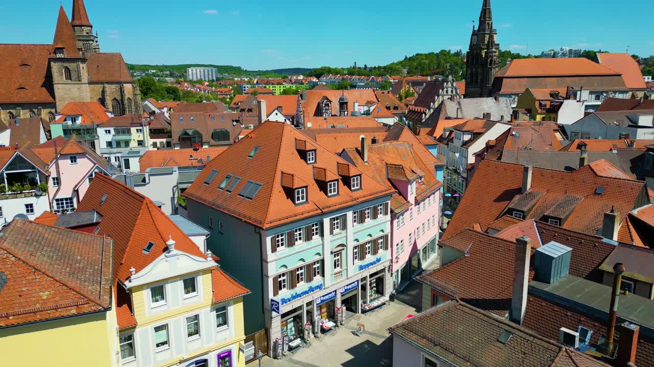 4K Aerial Drone Video of the Historic St. Johannis Church and St. Gumbertus Church in the Old Town area of Downtown Ansbach, Germany