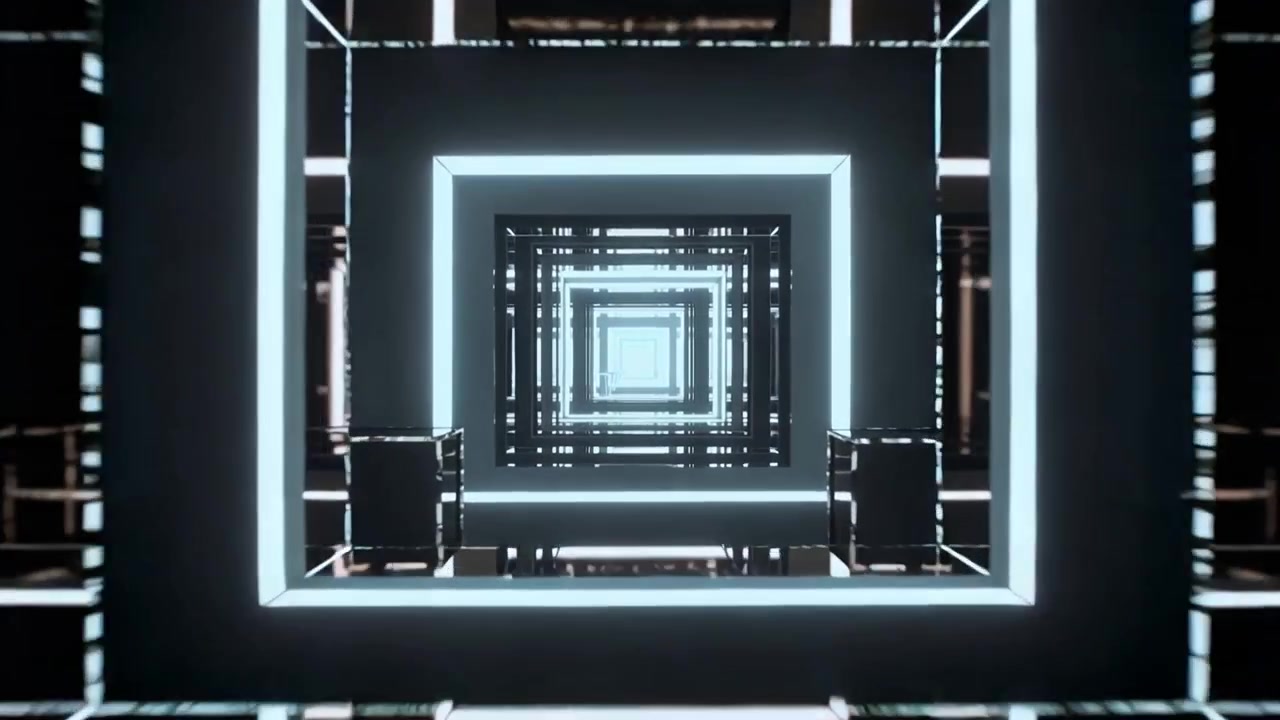 Starting camera tracking glowing square tunnel at exhibit, creating motion with grid and dark cubes