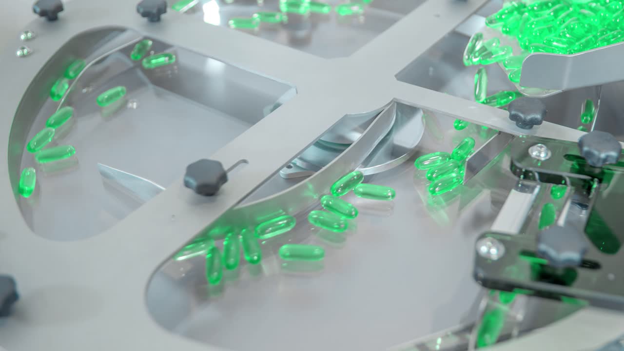 Neon green pills run through machine. Coronavirus pandemic cure medicine
